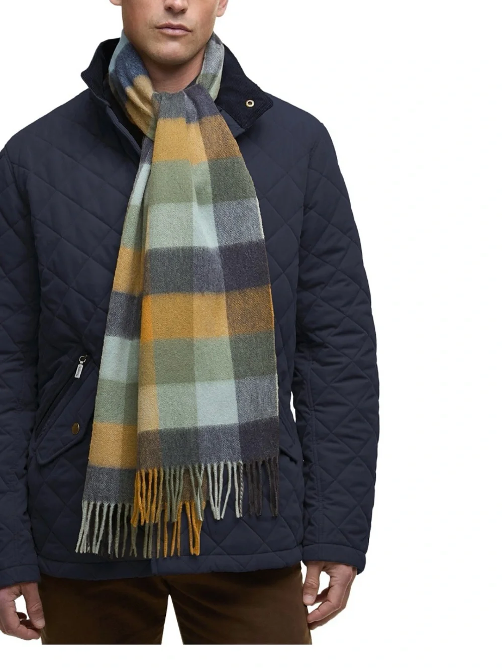 Barbour Lambswool Tattersall Scarf in Mustard, Slate Blue, Olive & Cream